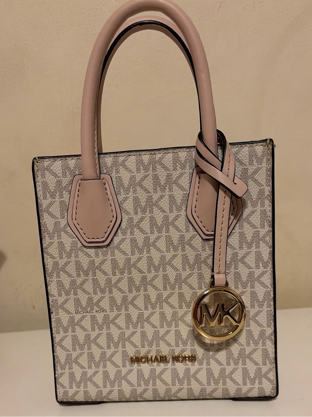 Michael Kors Beige Signature Mini Tote with Pink Handles